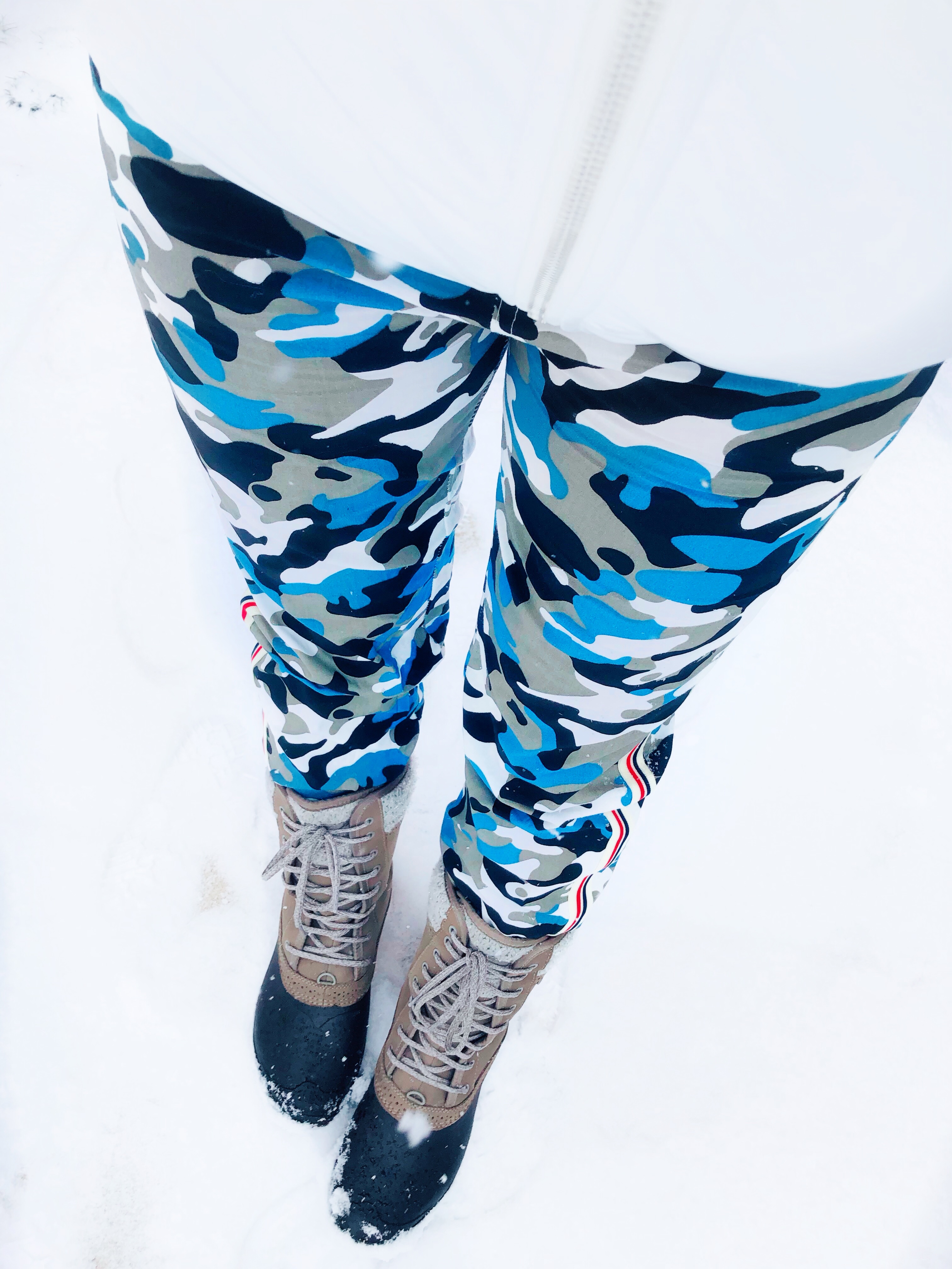 Camo Print Pants And White Puffer Jacket | Glamor and Gloss